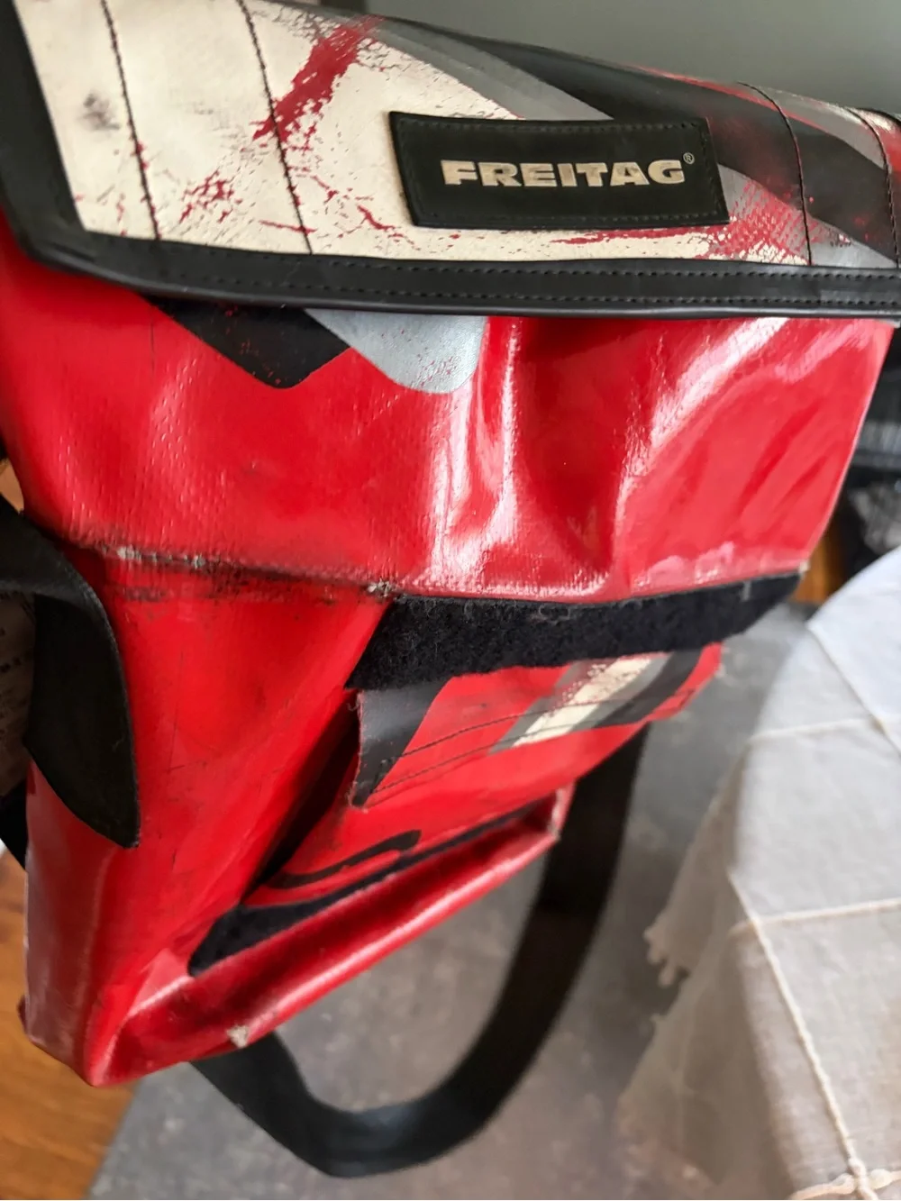 FREITAG Red & White Men's Messenger Bag with Black Accent